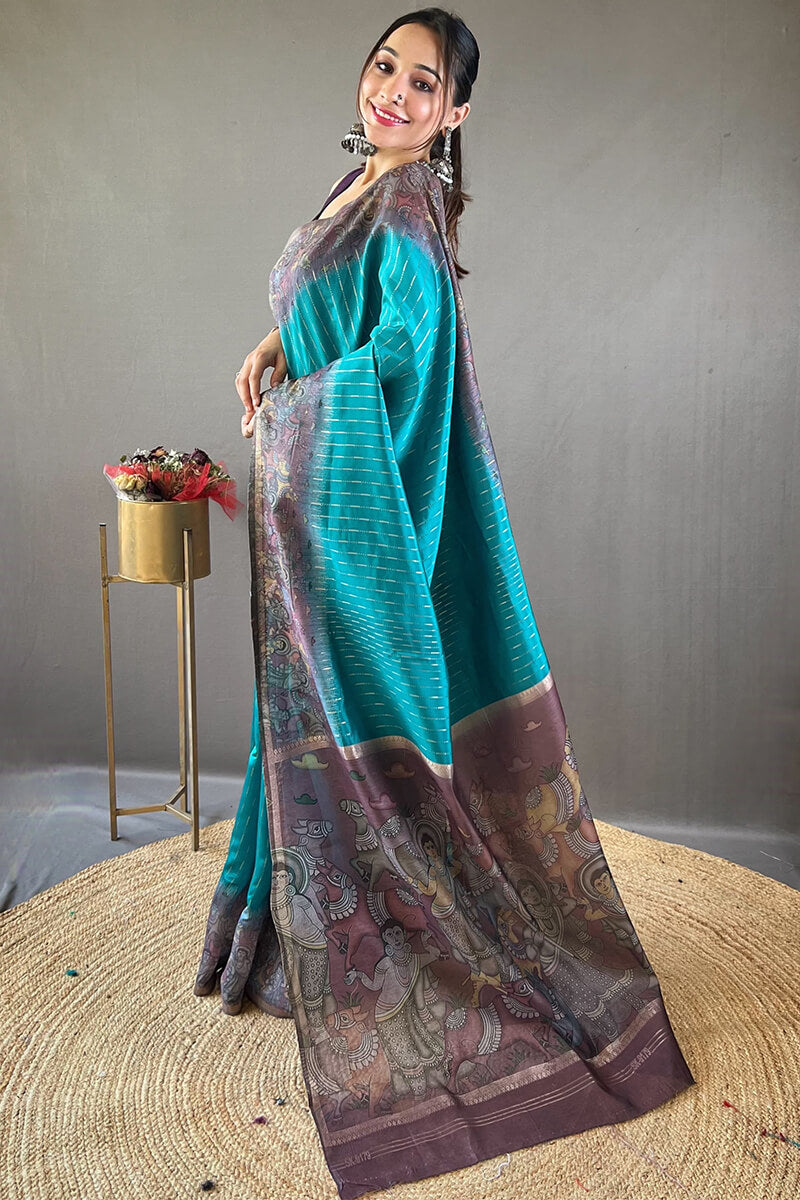 Tiffany Blue Printed Chanderi silk saree