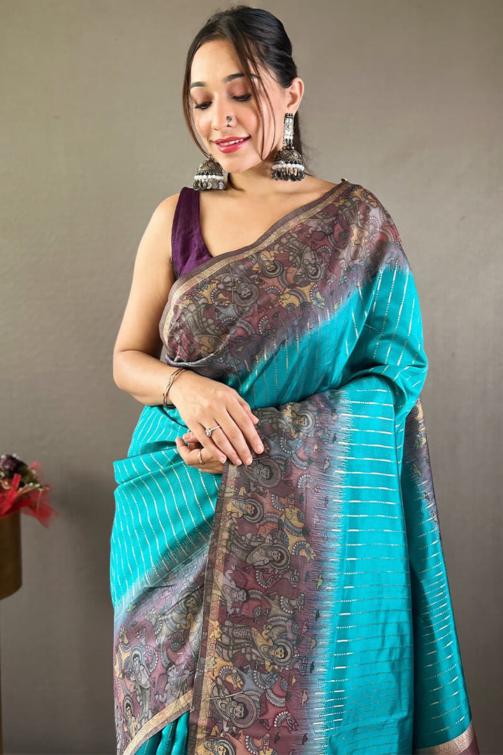 Tiffany Blue Printed Chanderi silk saree