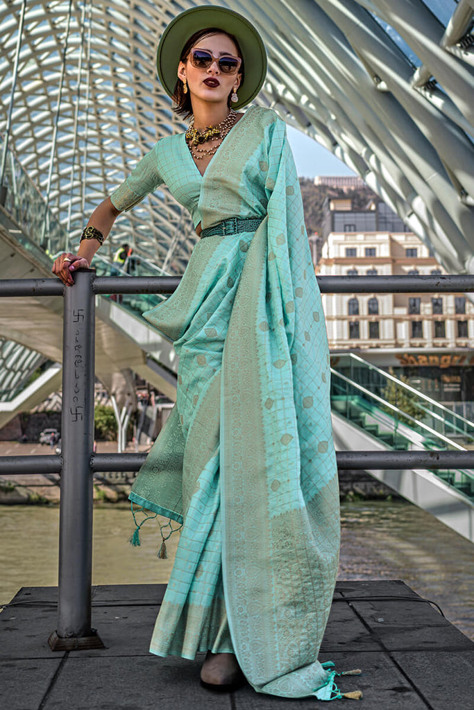 Tiffany Blue Zari woven Banarasi Katan Silk Saree