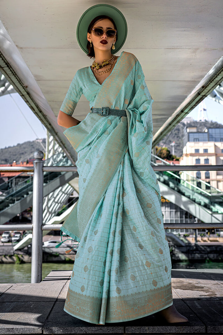 Tiffany Blue Zari woven Banarasi Katan Silk Saree