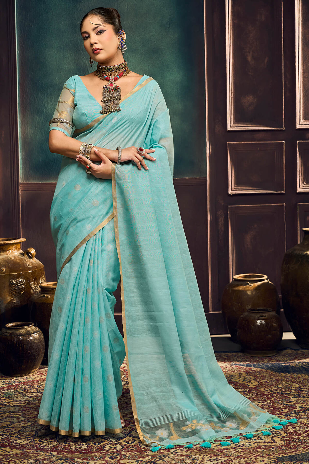Tiffany Blue Zari Woven Munga Cotton Saree