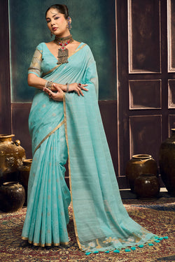 Tiffany Blue Zari Woven Munga Cotton Saree