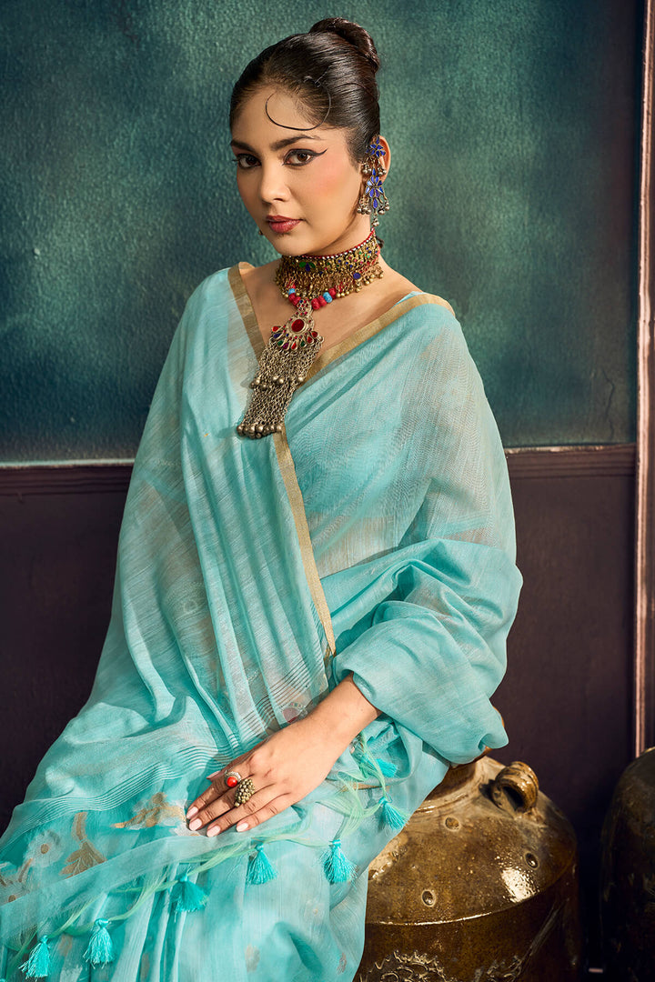 Tiffany Blue Zari Woven Munga Cotton Saree