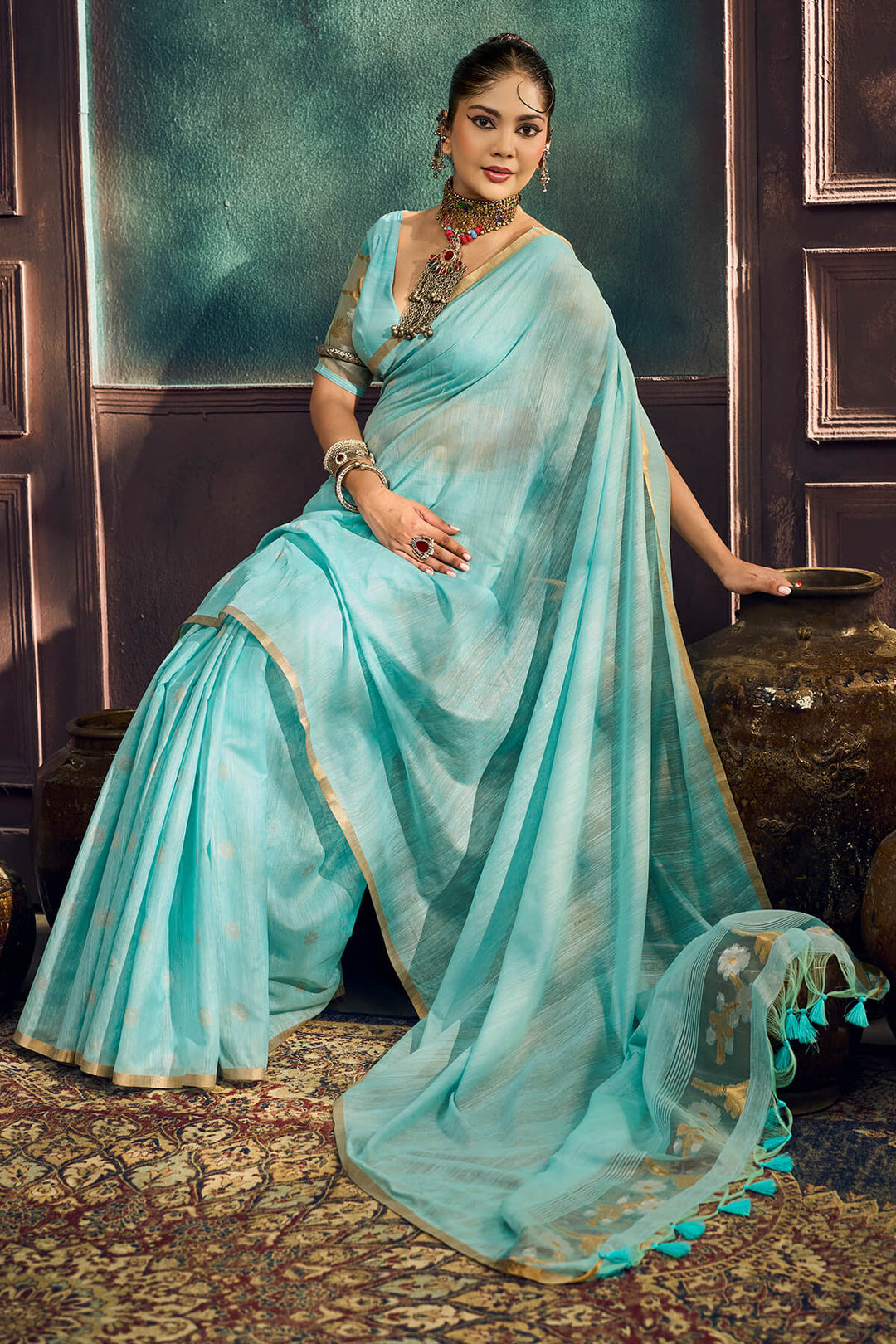 Tiffany Blue Zari Woven Munga Cotton Saree