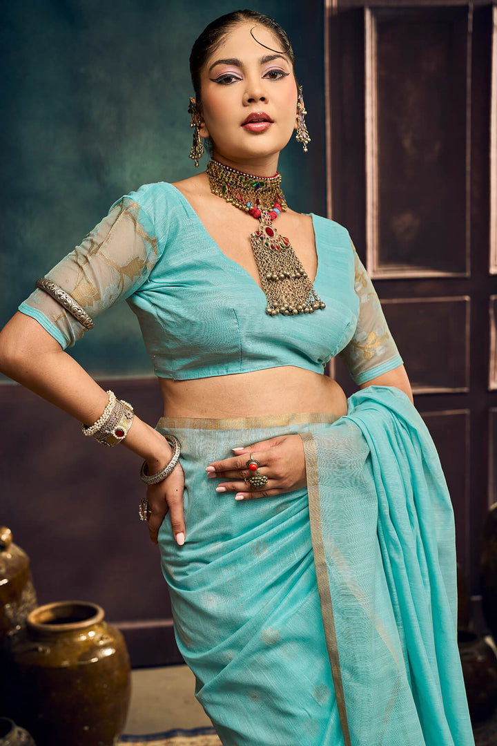 Tiffany Blue Zari Woven Munga Cotton Saree