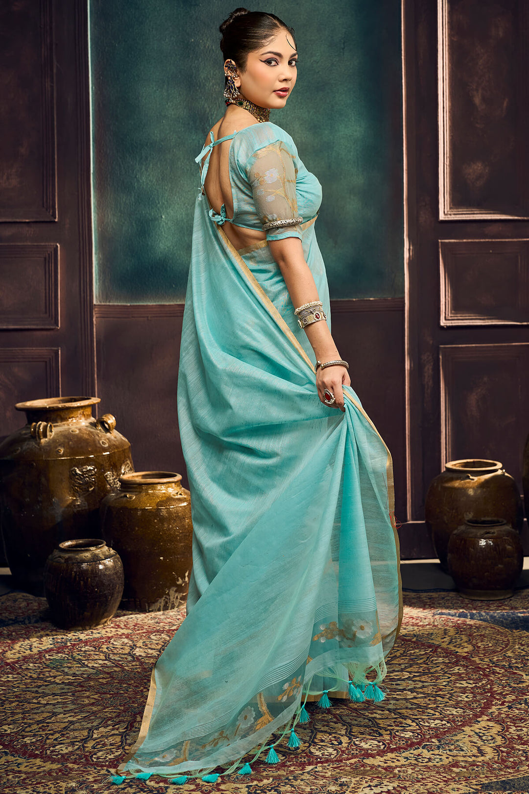 Tiffany Blue Zari Woven Munga Cotton Saree