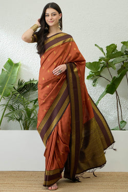 Tiger Orange Zari Woven Soft Banarasi Silk Saree
