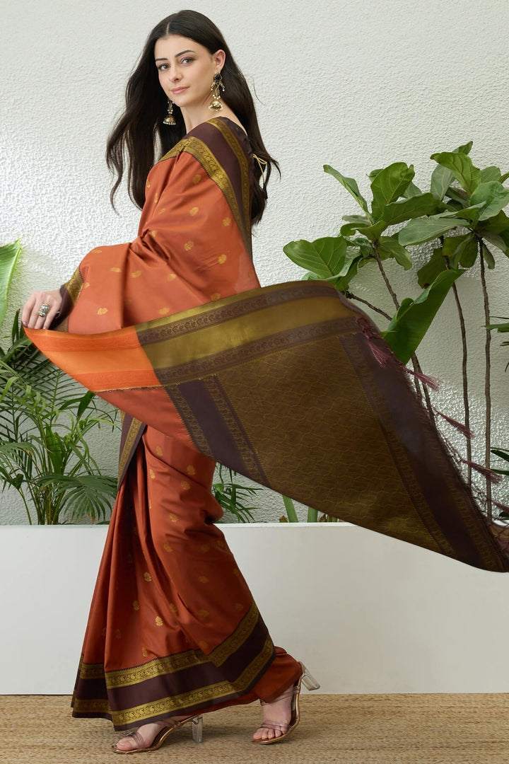 Tiger Orange Zari Woven Soft Banarasi Silk Saree