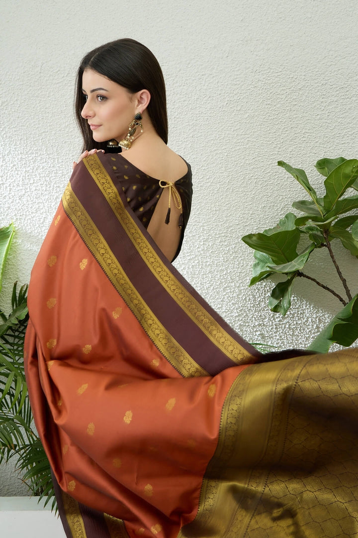 Tiger Orange Zari Woven Soft Banarasi Silk Saree