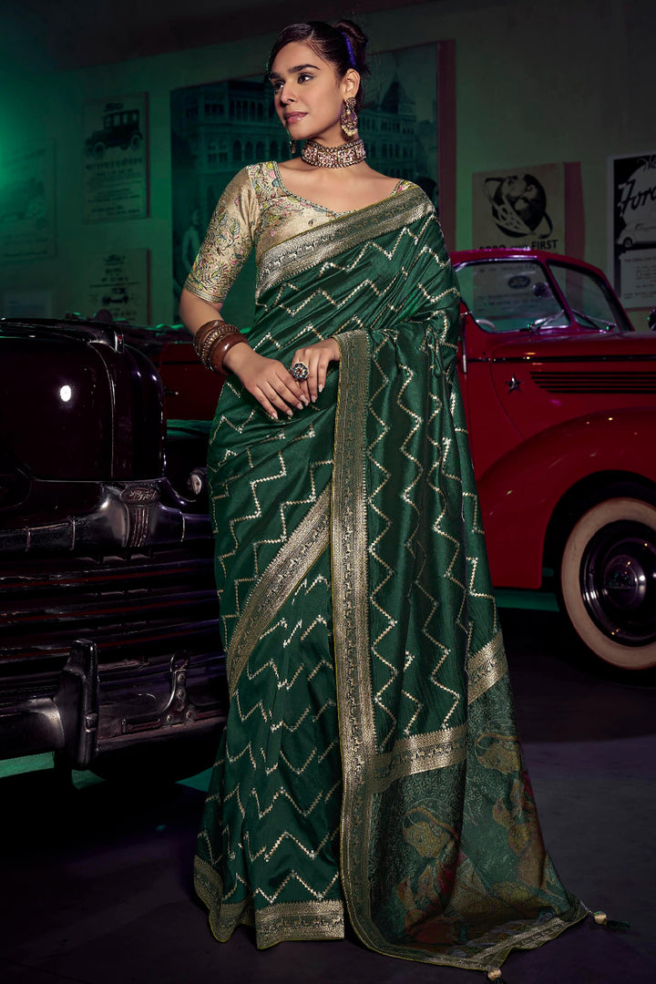 Timber Green Banarasi Pure Silk Saree with Designer Embroidery Blouse Piece