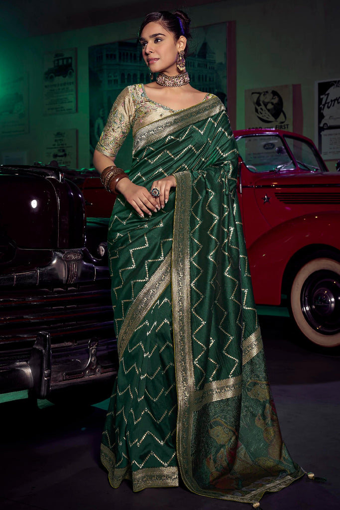 Timber Green Banarasi Pure Silk Saree with Designer Embroidery Blouse Piece