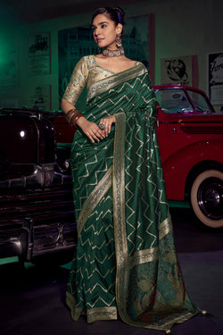 Timber Green Banarasi Pure Silk Saree with Designer Embroidery Blouse Piece