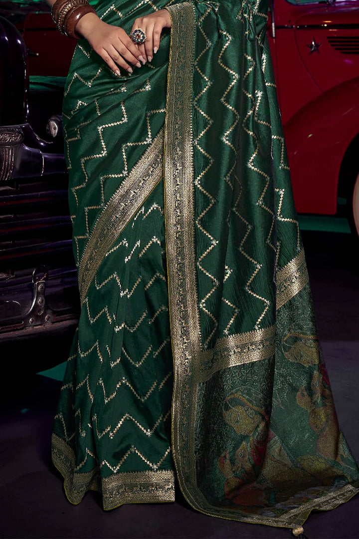 Timber Green Banarasi Pure Silk Saree with Designer Embroidery Blouse Piece