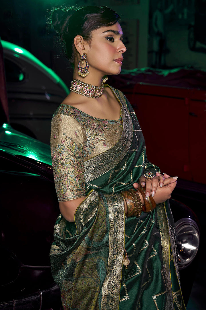Timber Green Banarasi Pure Silk Saree with Designer Embroidery Blouse Piece