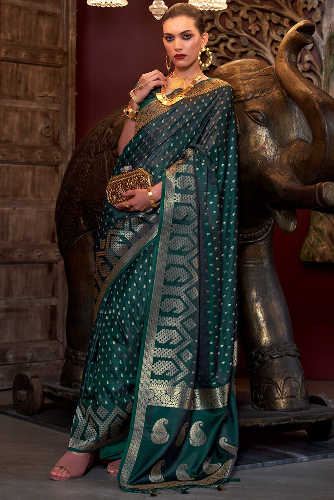 Timber Green Banarasi Satin Silk Saree