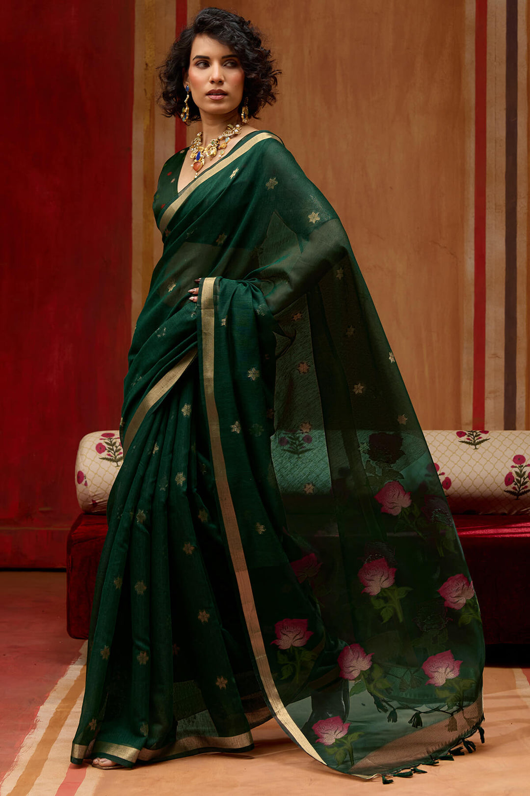 Timber Green Handloom Munga Cotton Saree