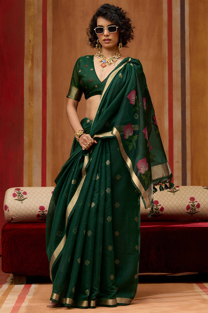 Timber Green Handloom Munga Cotton Saree