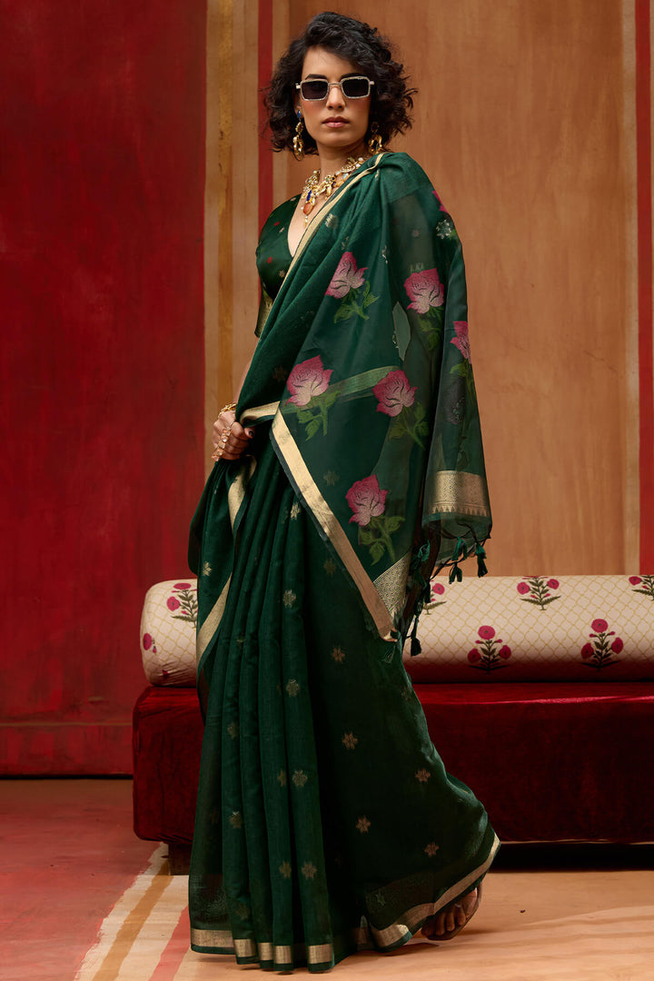 Timber Green Handloom Munga Cotton Saree