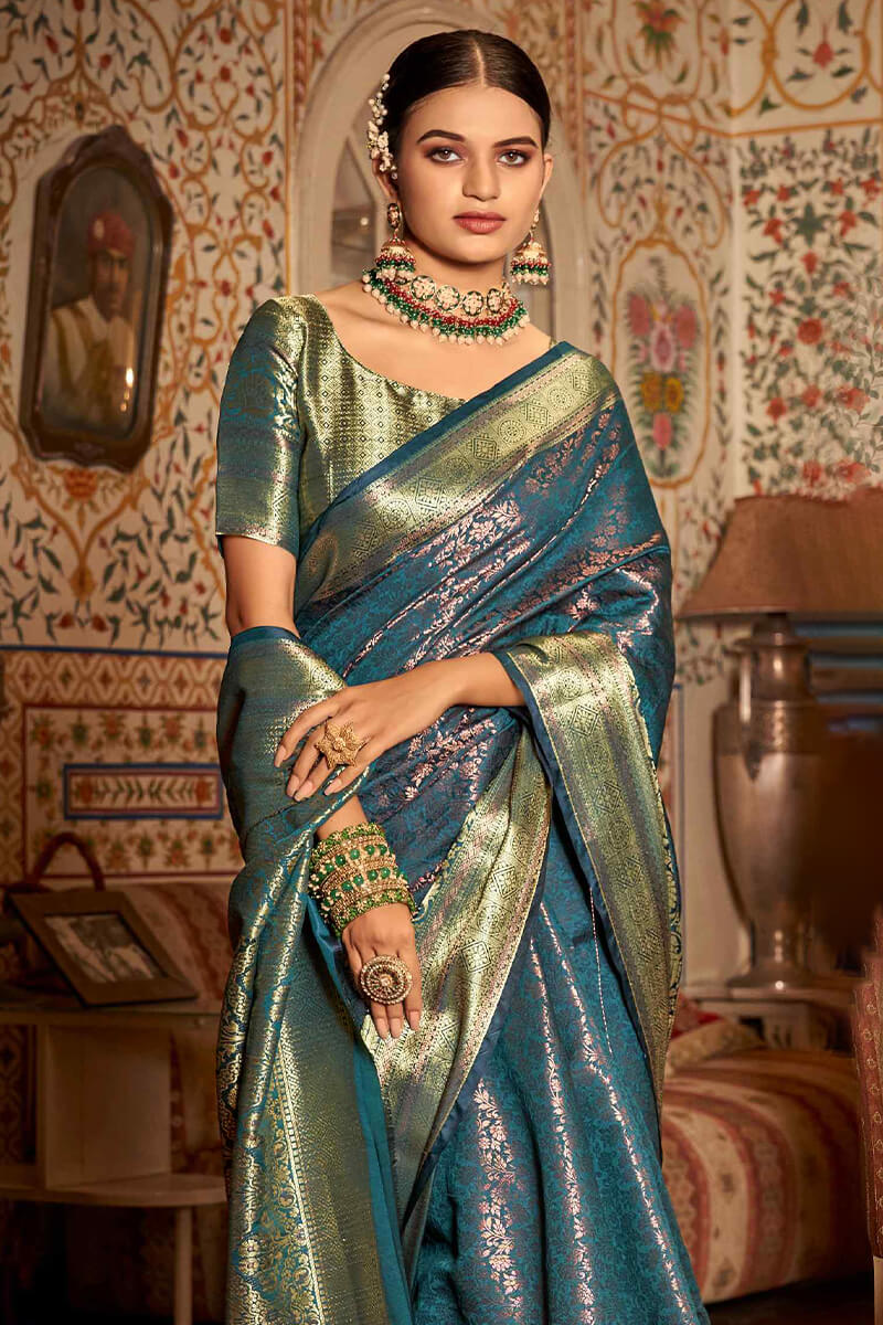 Peacock blue Kanchipuram silk saree... - Kanchi Pattu Sarees | Facebook