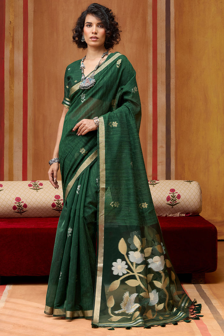 Timber Green Munga Cotton Silk Saree with Organza Weaving Pallu