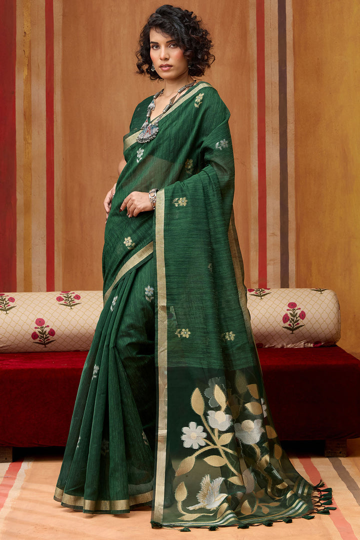 Timber Green Munga Cotton Silk Saree with Organza Weaving Pallu