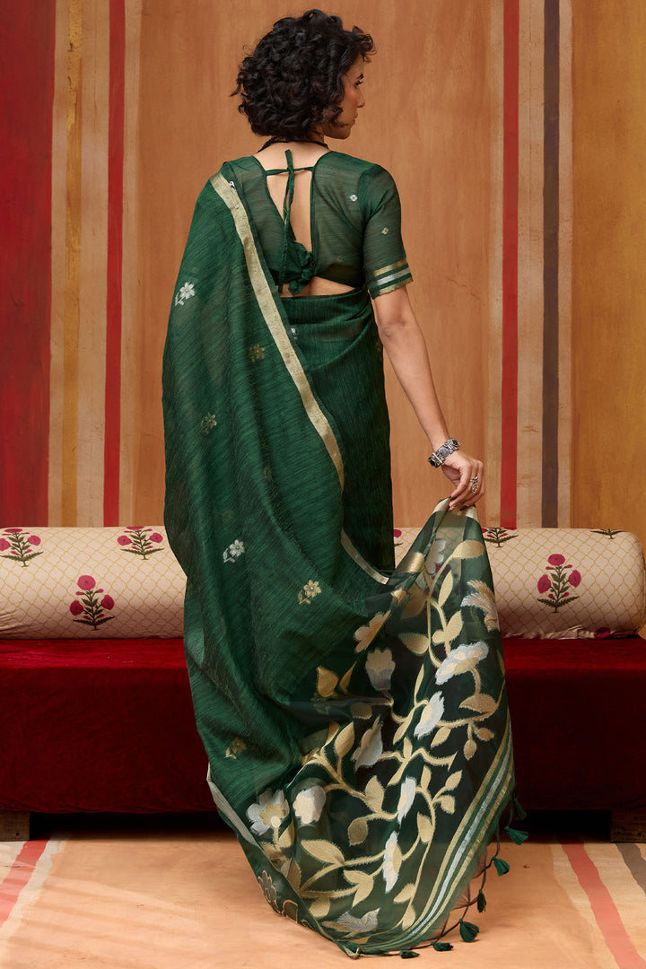 Timber Green Munga Cotton Silk Saree with Organza Weaving Pallu