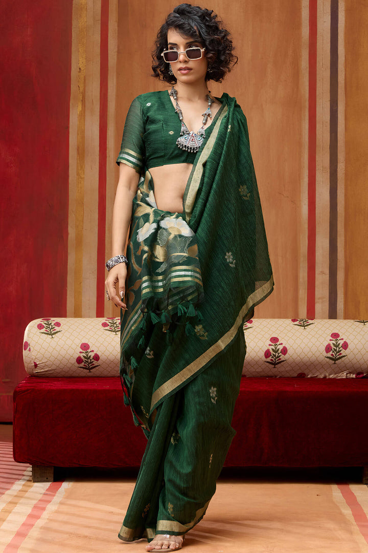Timber Green Munga Cotton Silk Saree with Organza Weaving Pallu