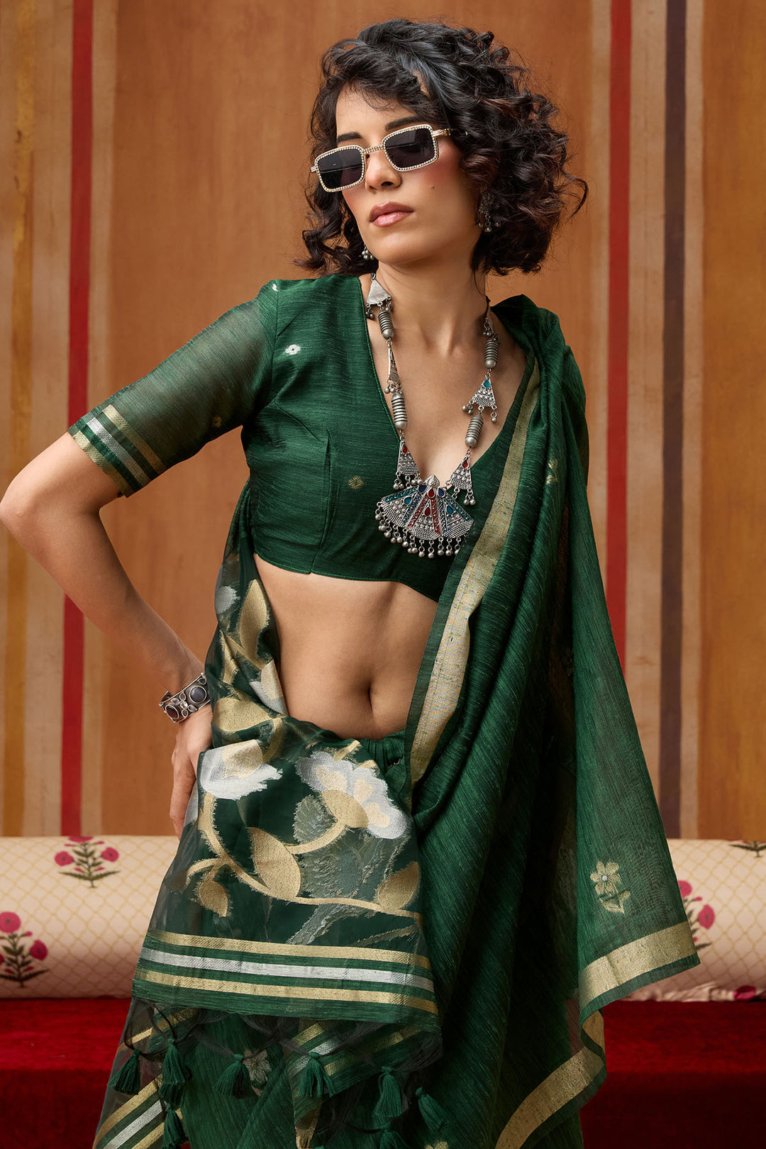 Timber Green Munga Cotton Silk Saree with Organza Weaving Pallu