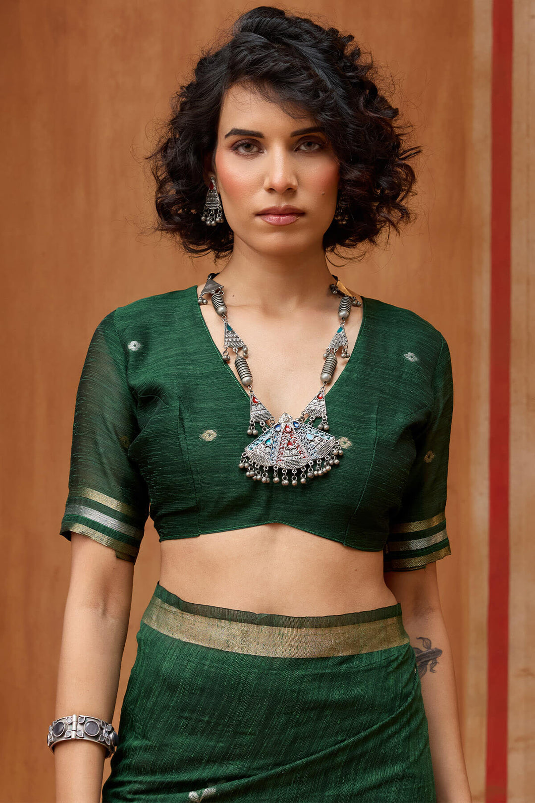 Timber Green Munga Cotton Silk Saree with Organza Weaving Pallu