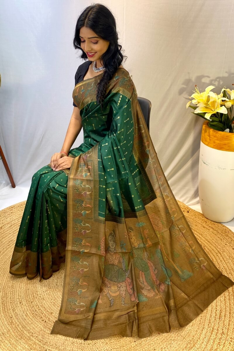 Timber Green Printed Soft Chanderi Silk Saree