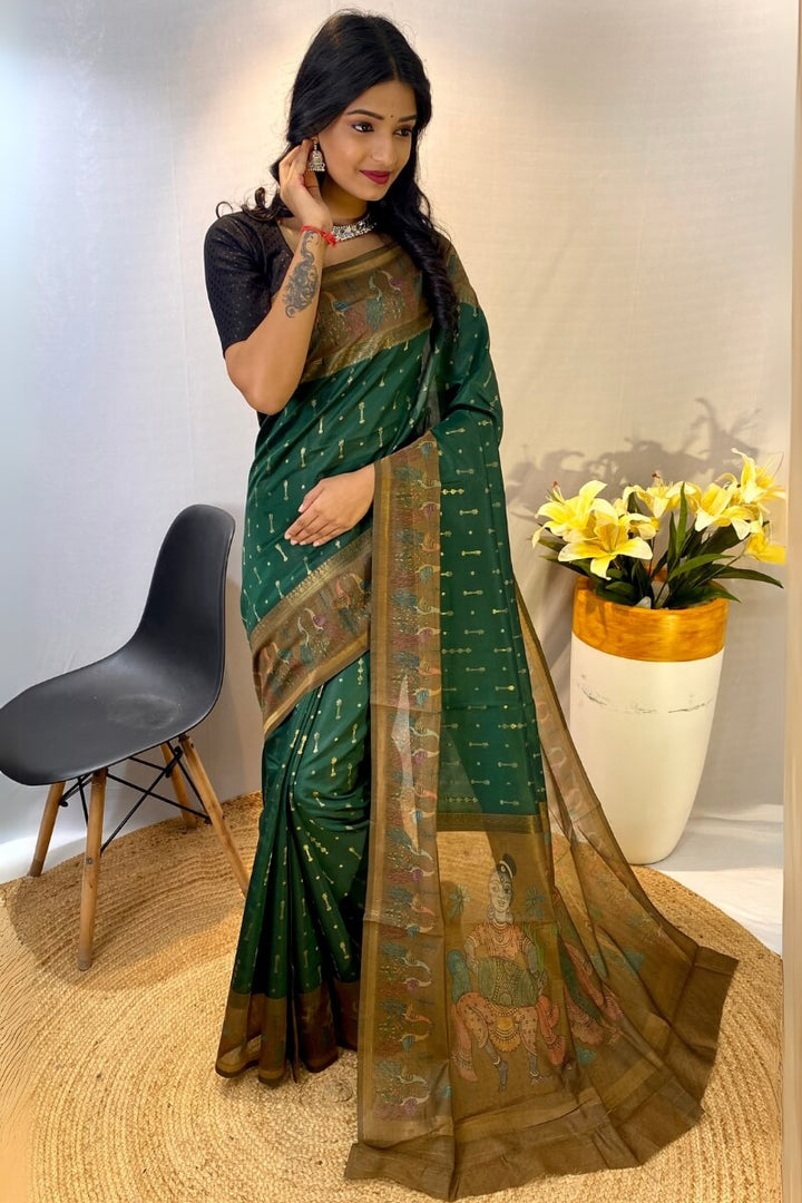 Timber Green Printed Soft Chanderi Silk Saree