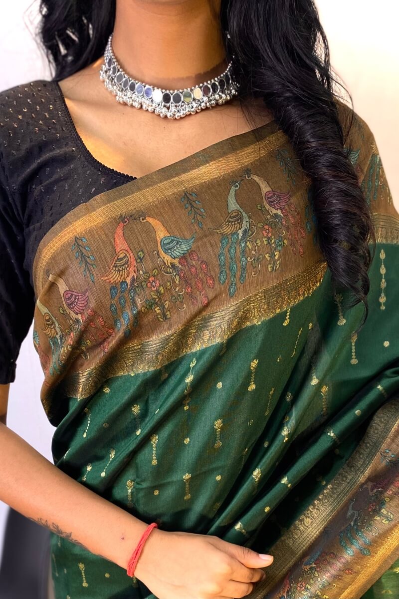 Timber Green Printed Soft Chanderi Silk Saree