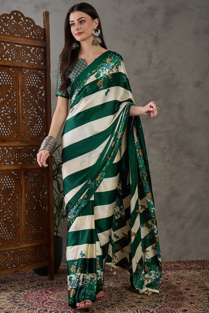 Timber Green Stripe Printed Satin Silk Saree