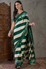 Timber Green Stripe Printed Satin Silk Saree