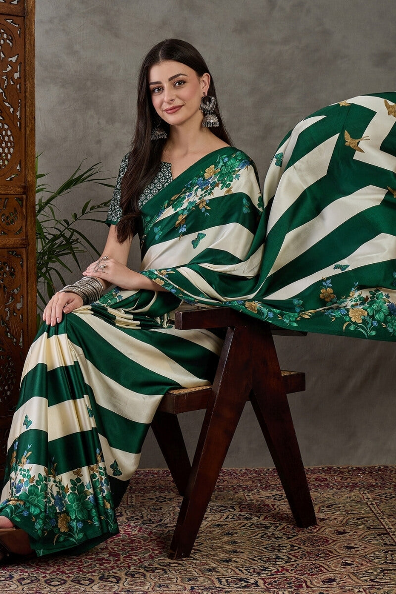 Timber Green Stripe Printed Satin Silk Saree