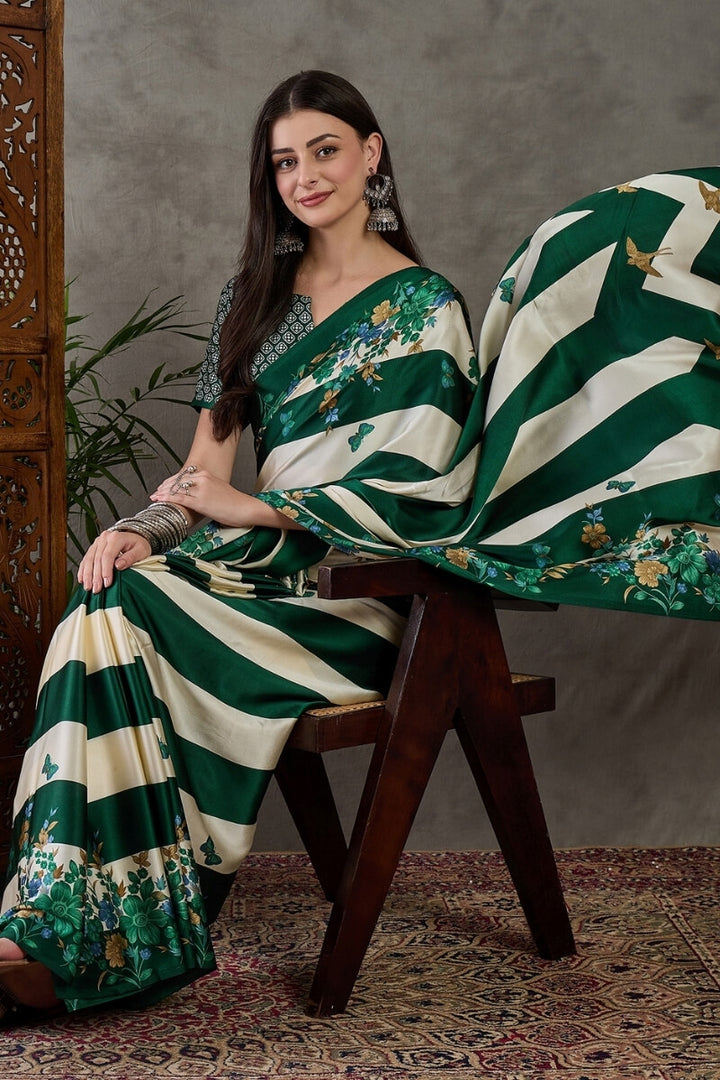 Timber Green Stripe Printed Satin Silk Saree