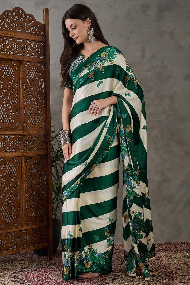 Timber Green Stripe Printed Satin Silk Saree