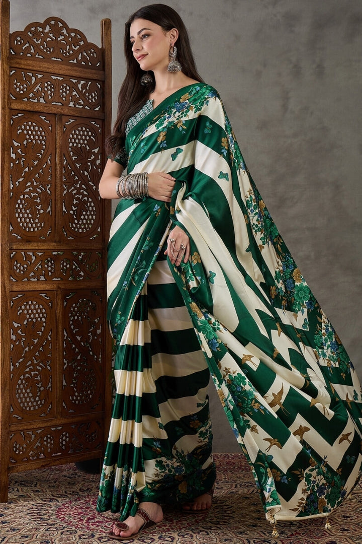 Timber Green Stripe Printed Satin Silk Saree