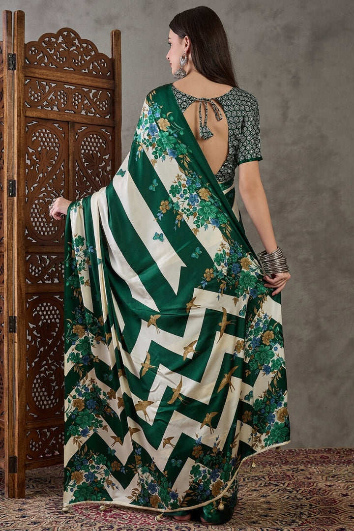 Timber Green Stripe Printed Satin Silk Saree