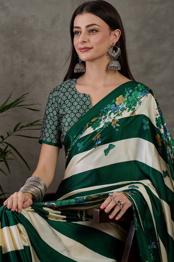 Timber Green Stripe Printed Satin Silk Saree