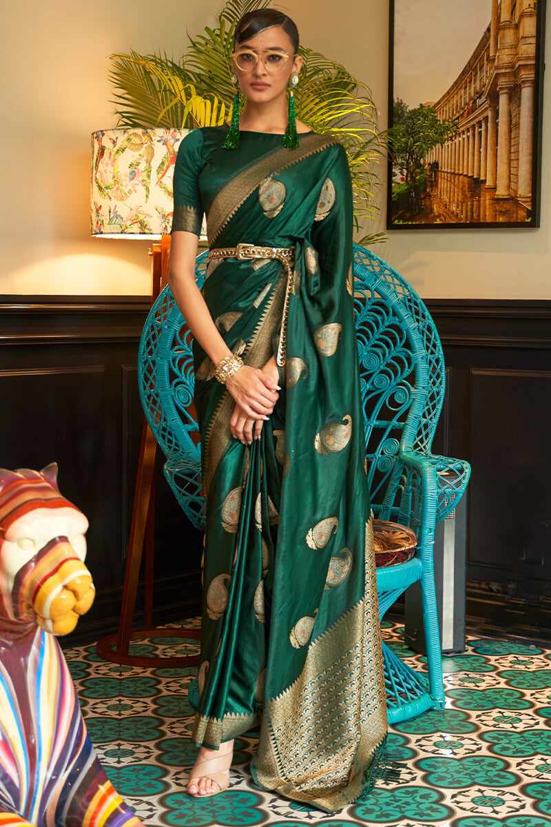 Timber Green Zari Woven Satin Silk Saree