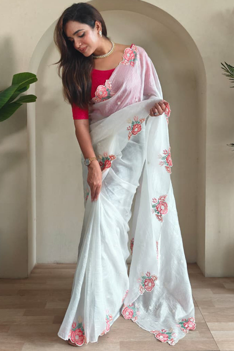 Titan White Embroidery Work Crush Silk Saree