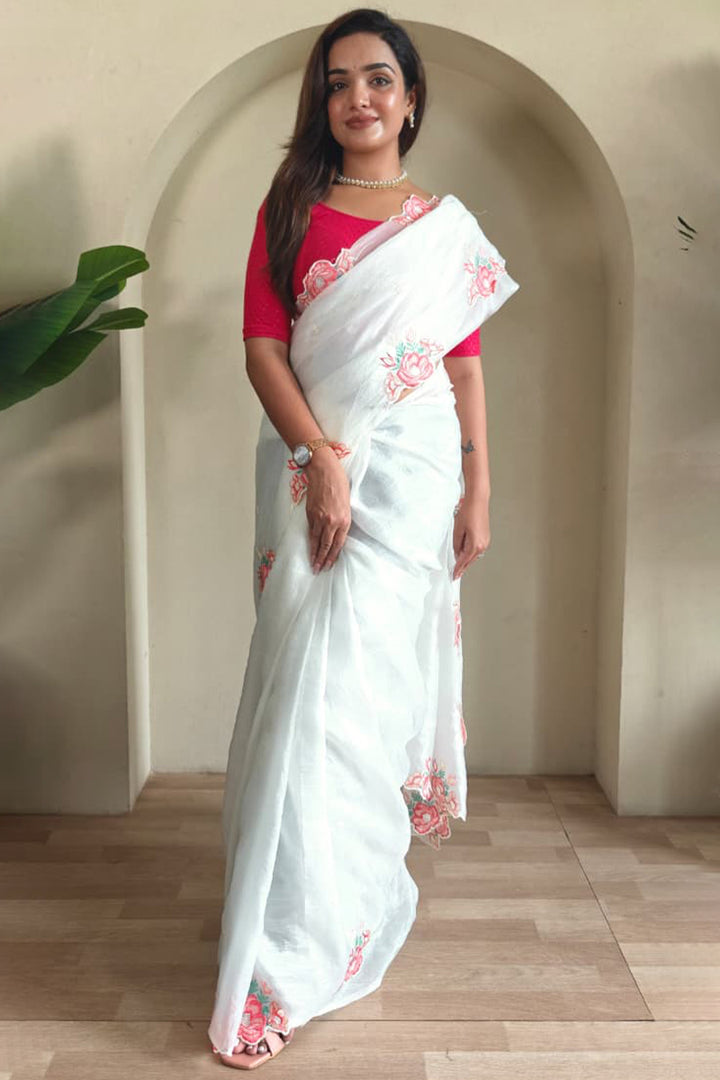 Titan White Embroidery Work Crush Silk Saree