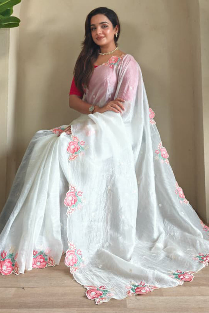 Titan White Embroidery Work Crush Silk Saree
