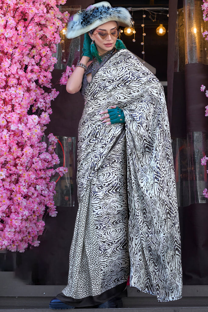 Titan White Printed Satin Silk Saree