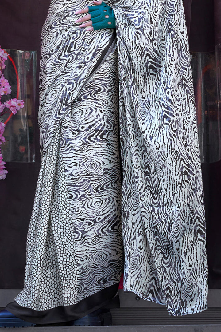 Titan White Printed Satin Silk Saree