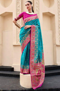 Topaz Blue Soft Banarasi Silk Saree