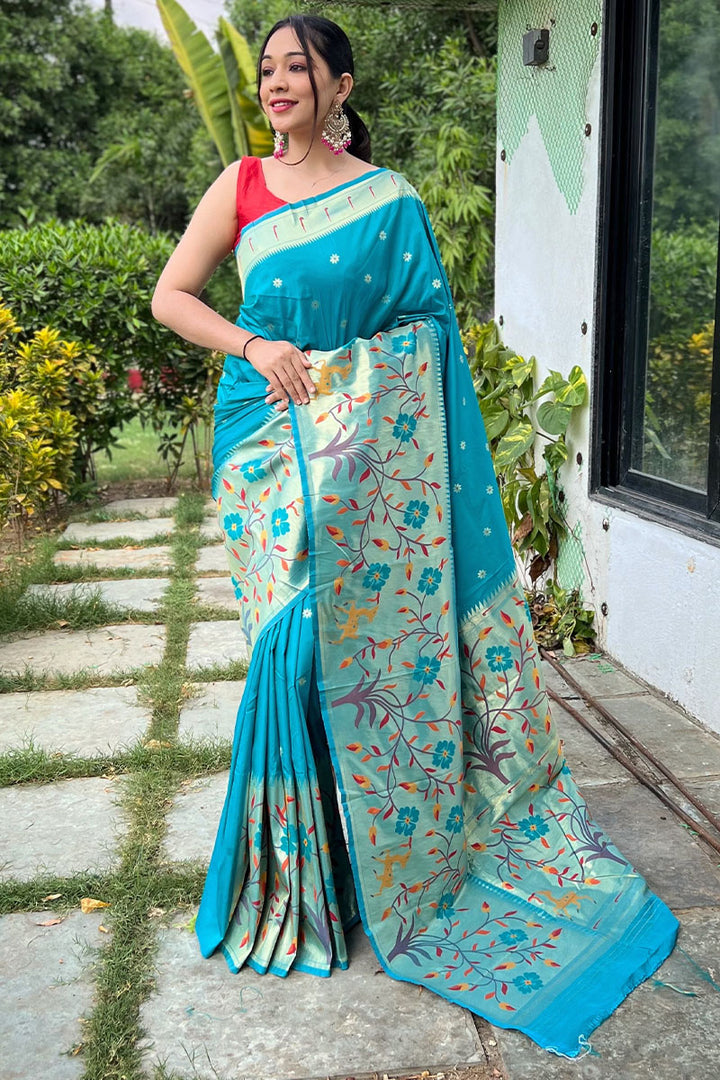 Topaz Blue Zari Woven Paithani Silk Saree