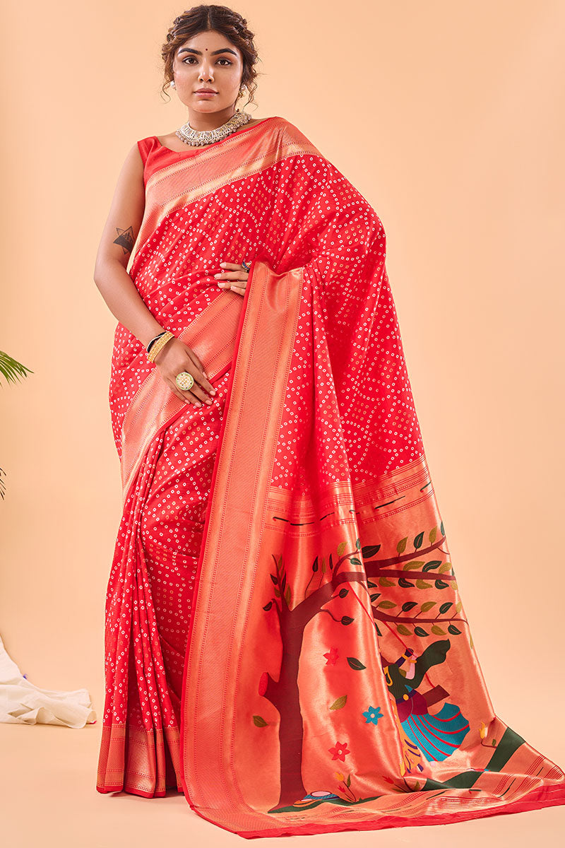 Torch Red Zari Woven Paithani Silk Saree