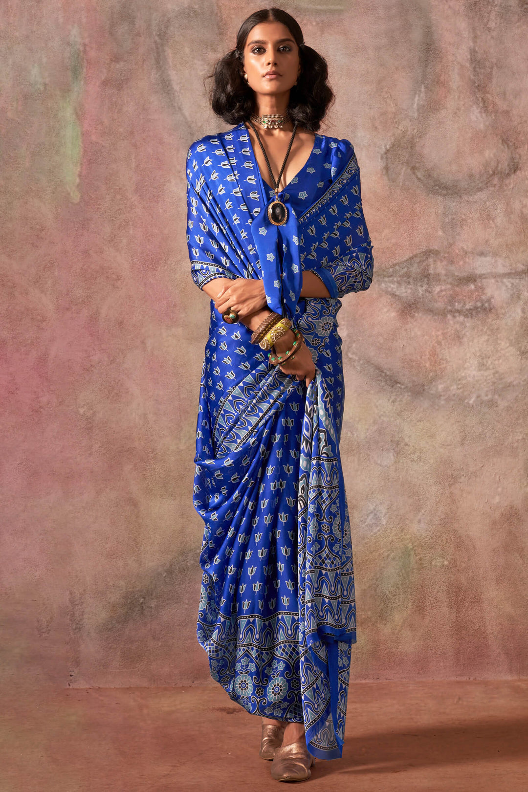 Tory Blue Ajarkh Printed Satin Georgette Silk Saree